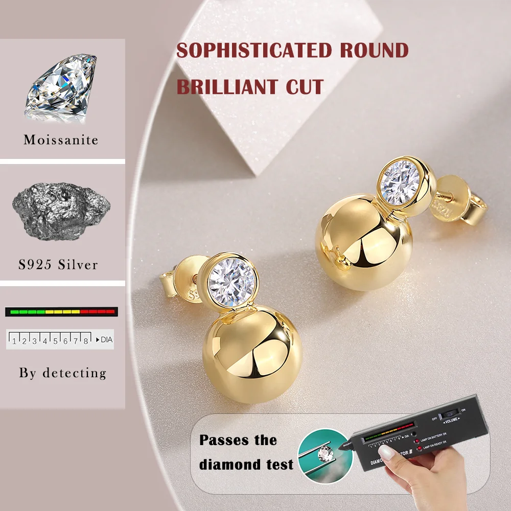 Gold-Plated Moissanite Orb Stud Earrings in Sterling Silver — Round stone and silver construction details