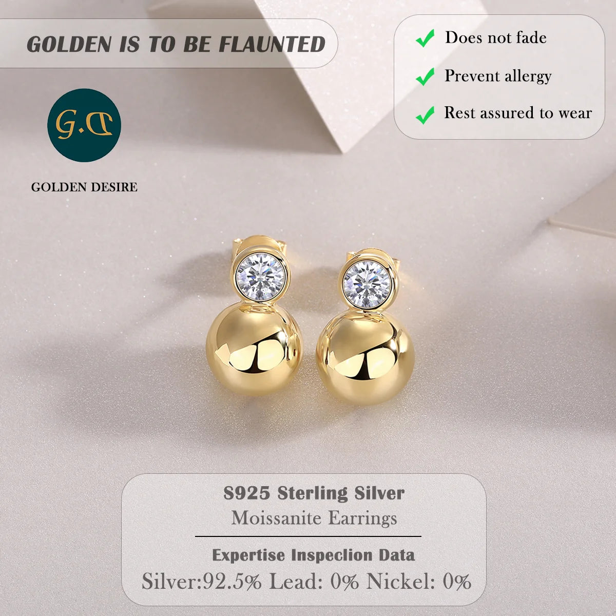Gold-Plated Moissanite Orb Stud Earrings in Sterling Silver — Orb stud metal information