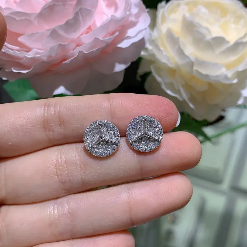 Geometric Round Pavé Moissanite Stud Earrings in Silver — Pair on hand