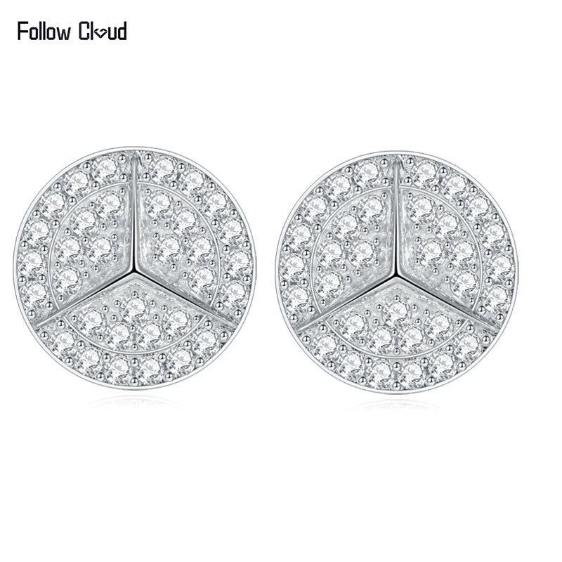 Geometric Round Pavé Moissanite Stud Earrings in Silver — Three-spoke circular faces