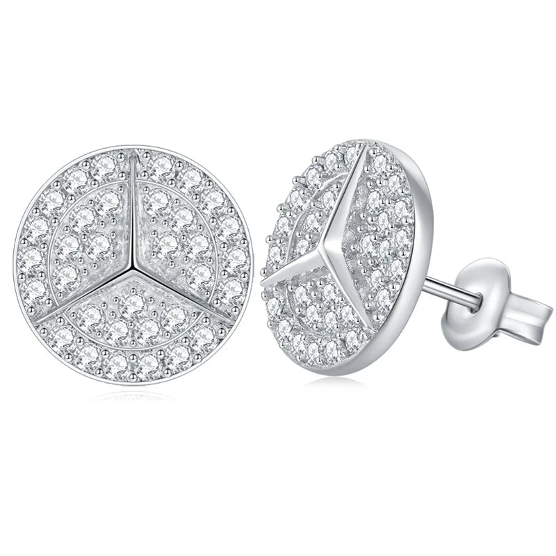 Geometric Round Pavé Moissanite Stud Earrings in Silver — Round pavé studs with butterfly backs
