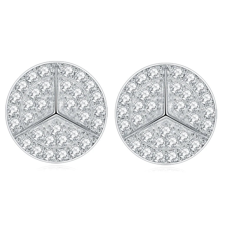 Geometric Round Pavé Moissanite Stud Earrings in Silver — Pair from front
