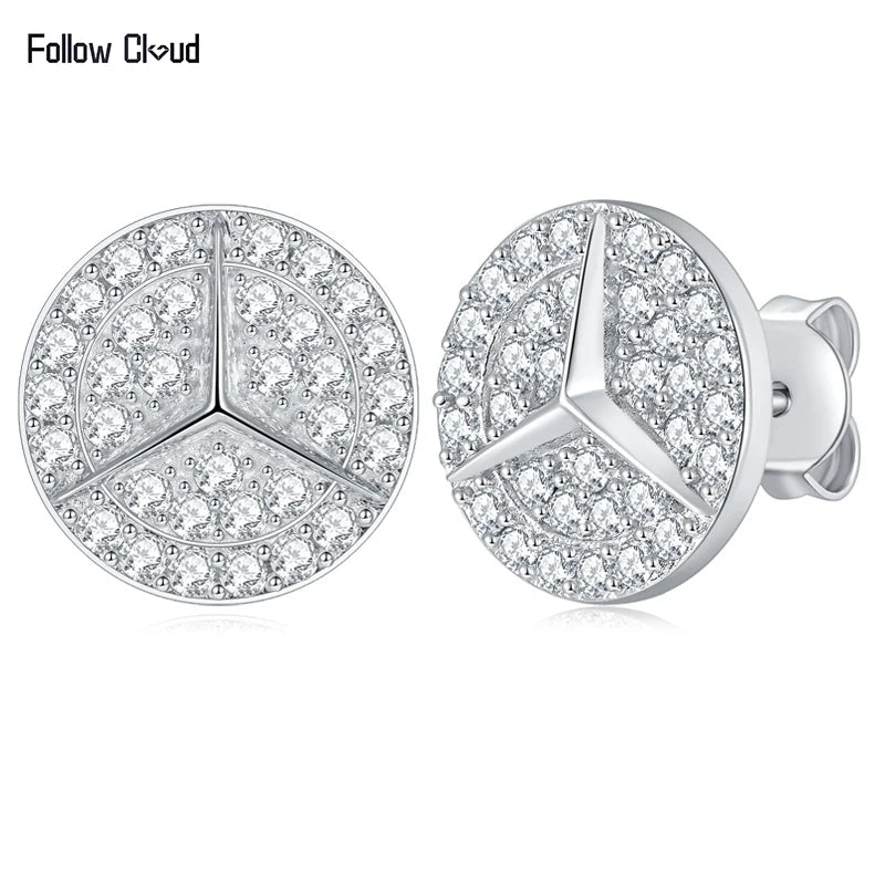 Geometric Round Pavé Moissanite Stud Earrings in Silver — Front and rear views