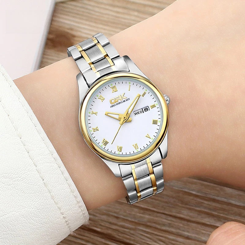 Women's Roman Dial Steel Day-Date Watch — Two-tone white dial watch worn on wrist — BandsCo Straps