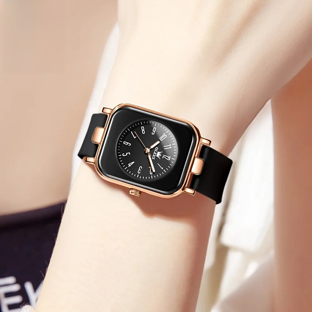 Women's Rectangular Silicone Quartz Watch — Black silicone watch worn on wrist — BandsCo Straps