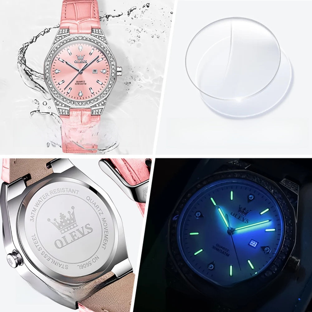 Women's Crystal Bezel Leather Date Watch — Case back and luminous hands — BandsCo Straps
