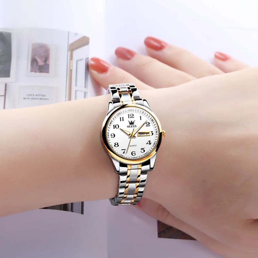 Women's Arabic Numeral Day-Date Bracelet Watch — Two-tone watch worn on wrist — BandsCo Straps