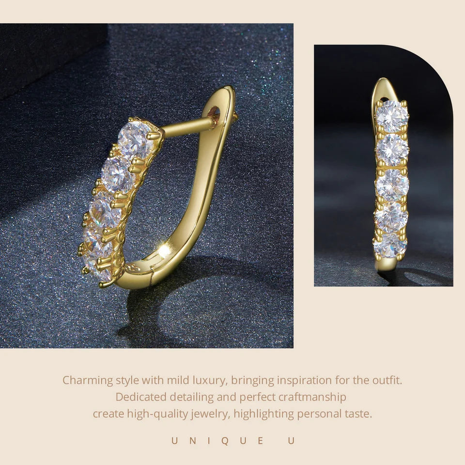 Five-Stone U-Shaped Moissanite Hoop Earrings in Silver - Five-stone front and side views