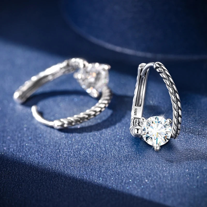 Snake-Bone Moissanite Leverback Earrings in Sterling Silver — Textured hoop detail