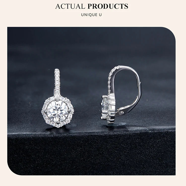 Round Halo Moissanite Leverback Earrings in Silver — Front and side views