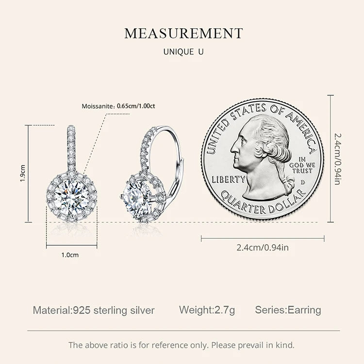 Round Halo Moissanite Leverback Earrings in Silver — Measurements and coin comparison