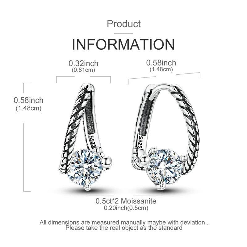 Snake-Bone Moissanite Leverback Earrings in Sterling Silver — 14.8mm earring and 5mm stone dimensions