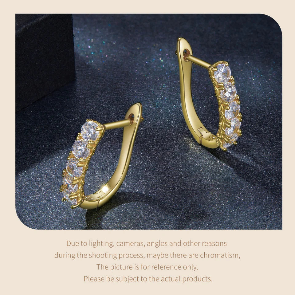 Five-Stone U-Shaped Moissanite Hoop Earrings in Silver - Gold-tone hoops close-up