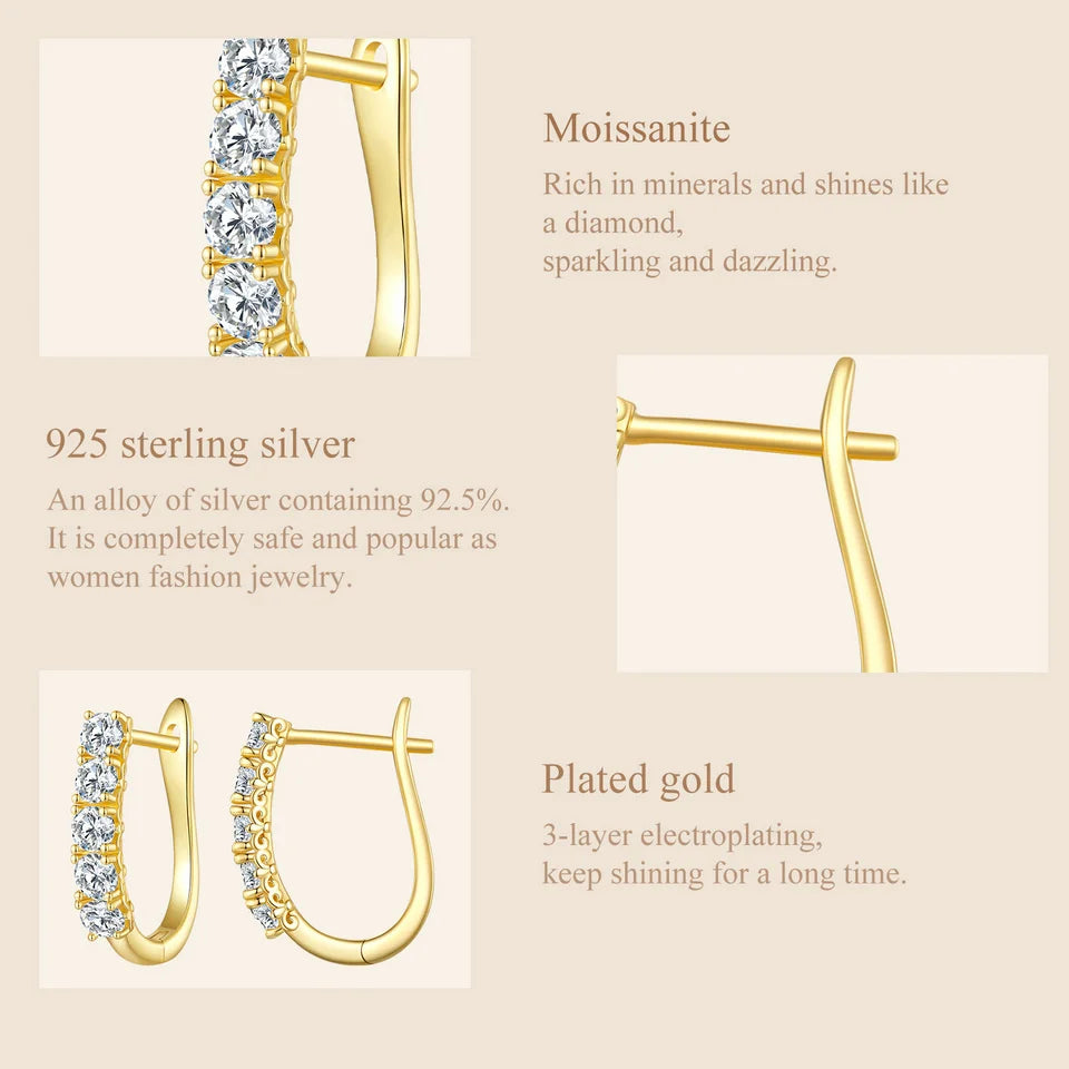 Five-Stone U-Shaped Moissanite Hoop Earrings in Silver - Gold-tone setting details