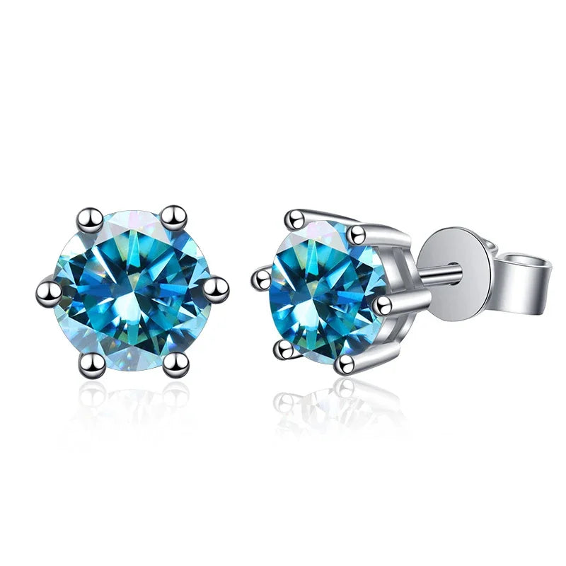 Colored Round Moissanite Stud Earrings in Sterling Silver - Sea blue stones