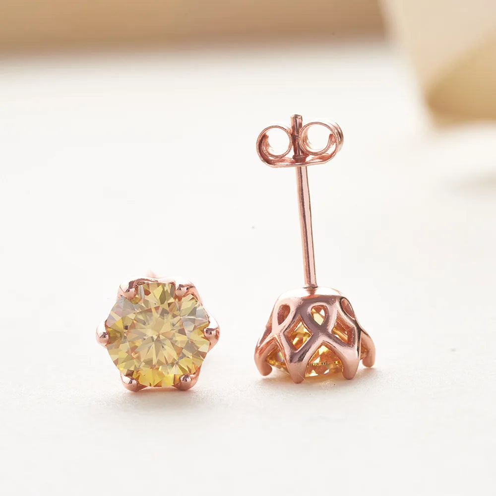 Colored Moissanite Stud Earrings with Openwork Settings - Warm-tone basket detail