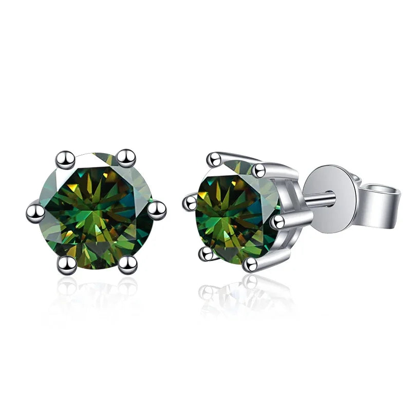 Colored Round Moissanite Stud Earrings in Sterling Silver - Dark green stones