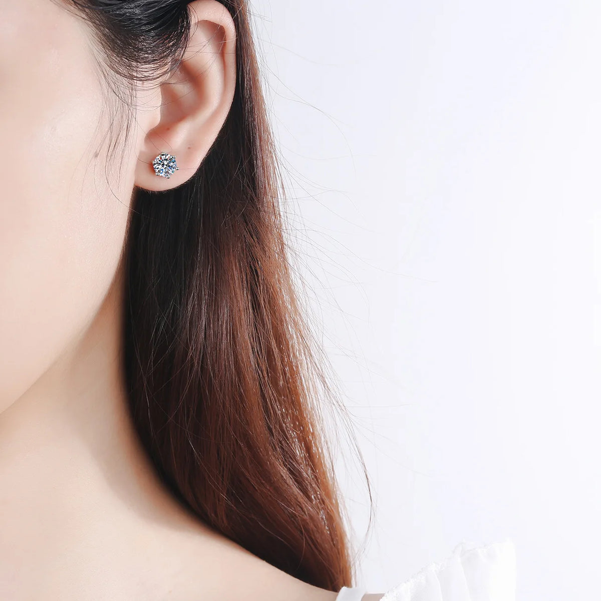Colored Round Moissanite Stud Earrings in Sterling Silver - Stud earrings shown on model