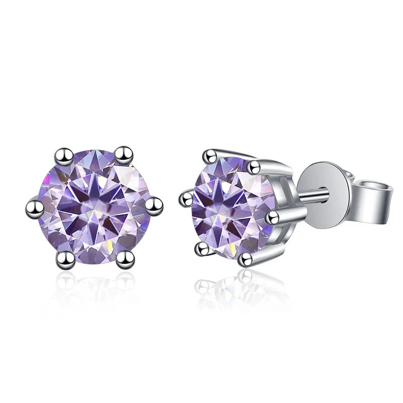 Colored Round Moissanite Stud Earrings in Sterling Silver - Light purple stones