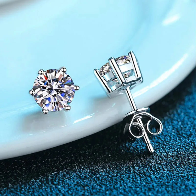 Colored Round Moissanite Stud Earrings in Sterling Silver - Open basket settings and butterfly backs