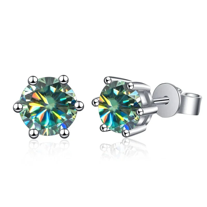 Colored Round Moissanite Stud Earrings in Sterling Silver - Blue green stones