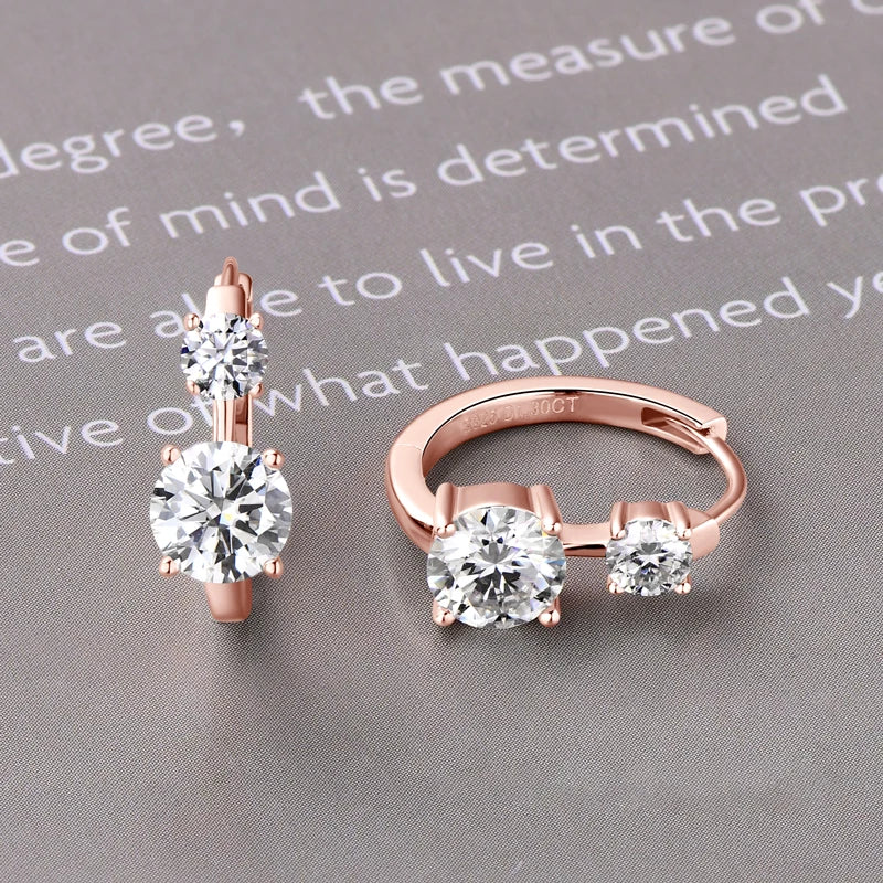 Graduated Two-Stone Moissanite Hoop Earrings in Sterling Silver — Rose Gold-Tone front and side