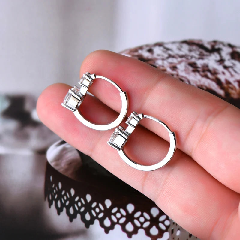 Graduated Two-Stone Moissanite Hoop Earrings in Sterling Silver — Silver rear settings