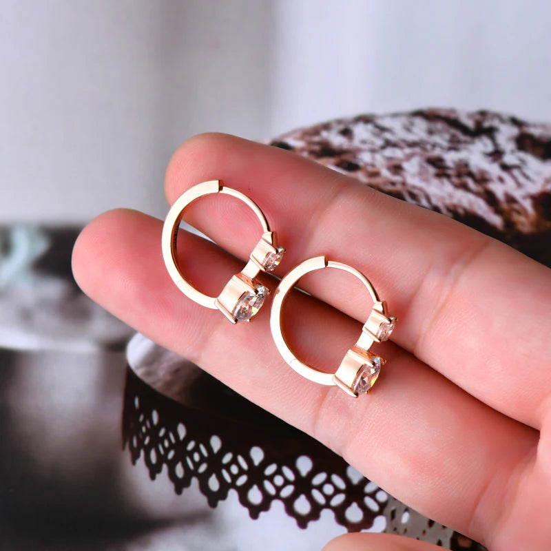 Graduated Two-Stone Moissanite Hoop Earrings in Sterling Silver — Rose Gold-Tone rear settings
