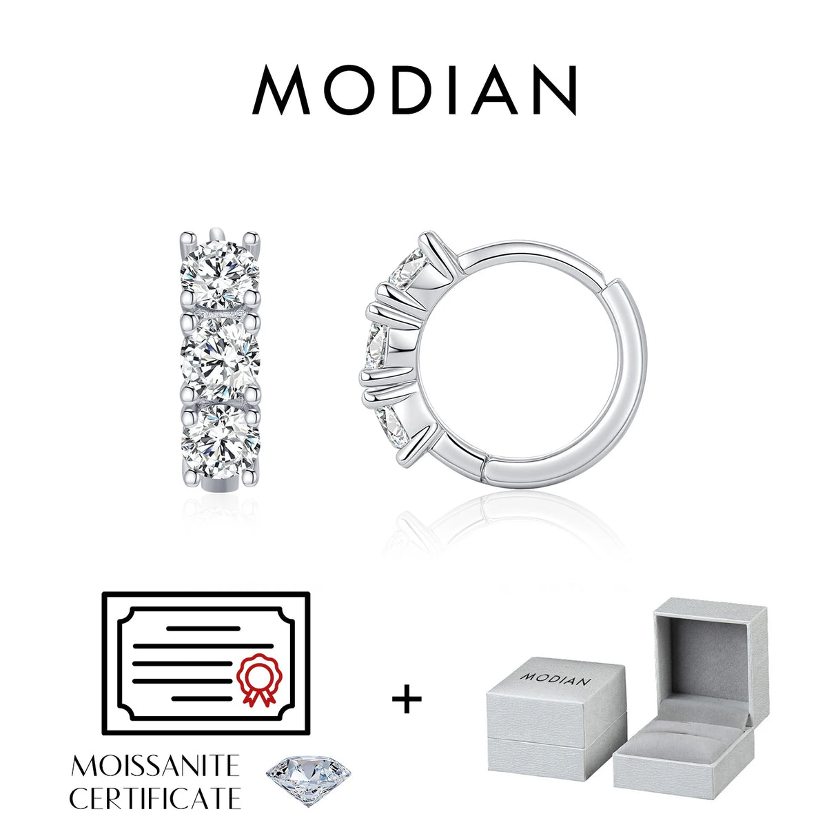 Round Moissanite Huggie Hoop Earrings in Sterling Silver — Hoop pair and packaging illustration