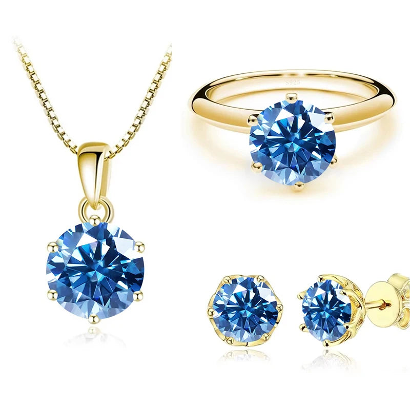 Gold-Tone Colored Moissanite Necklace, Stud Earrings & Ring Set — Royal blue set
