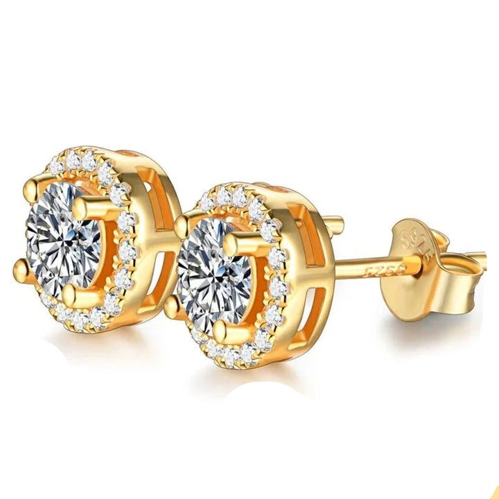 Moissanite Halo Stud Earrings in Gold & Rose Gold Tones