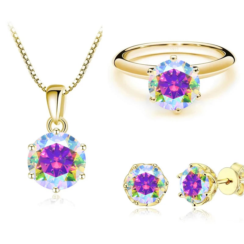 Gold-Tone Colored Moissanite Necklace, Stud Earrings & Ring Set — Multicolor example
