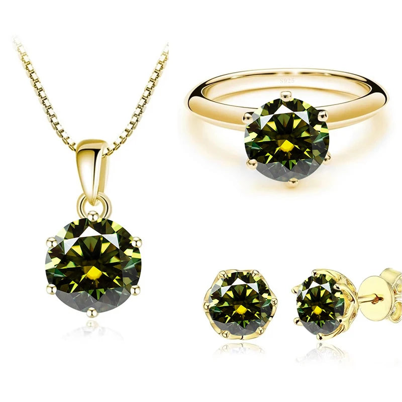 Gold-Tone Colored Moissanite Necklace, Stud Earrings & Ring Set — Yellow green set