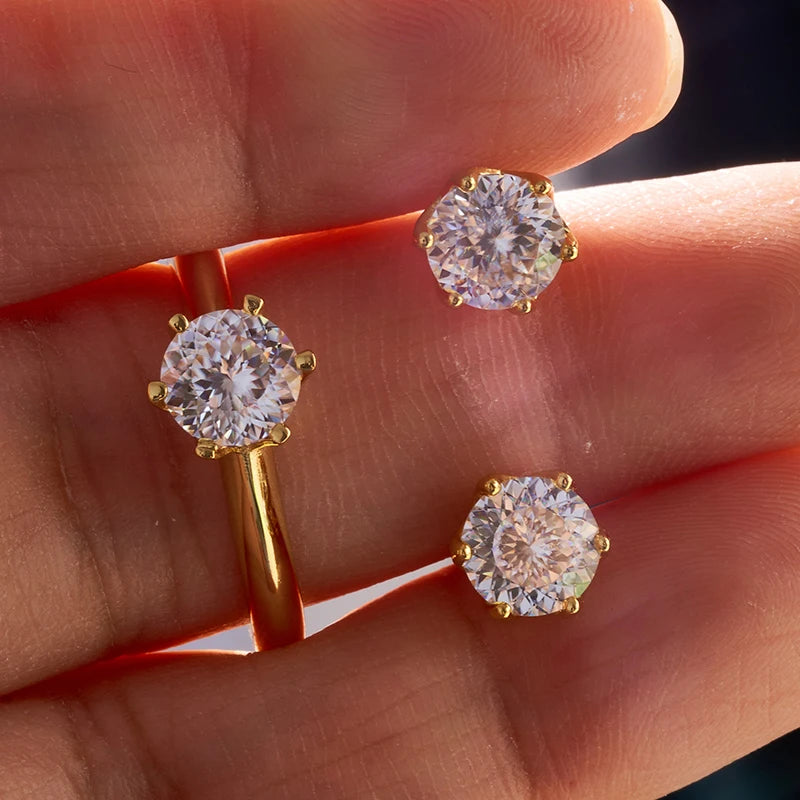 Gold-Tone Colored Moissanite Necklace, Stud Earrings & Ring Set — White studs on hand