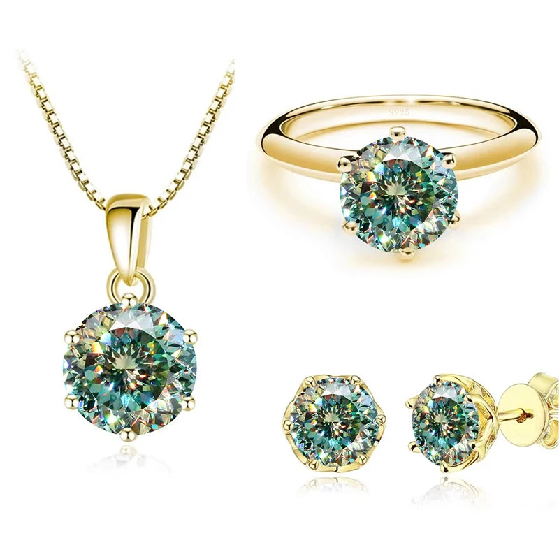 Gold-Tone Colored Moissanite Necklace, Stud Earrings & Ring Set — Blue green cut example