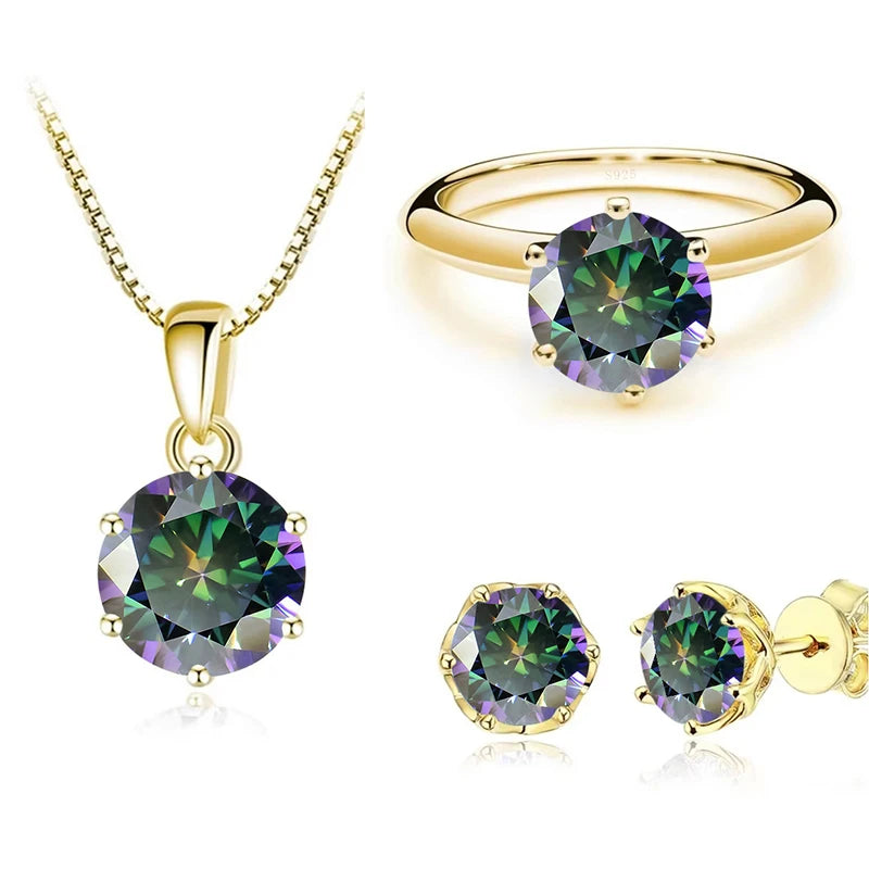 Gold-Tone Colored Moissanite Necklace, Stud Earrings & Ring Set — Multicolor green set