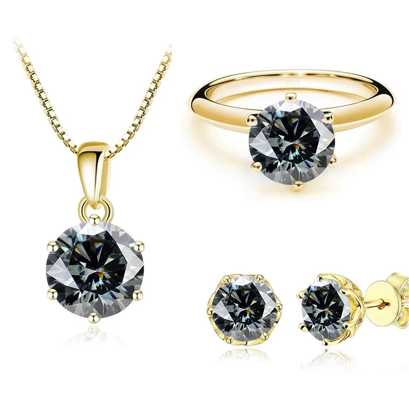 Gold-Tone Colored Moissanite Necklace, Stud Earrings & Ring Set — Gray set
