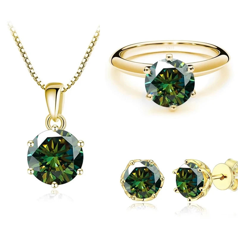 Gold-Tone Colored Moissanite Necklace, Stud Earrings & Ring Set — Dark green set