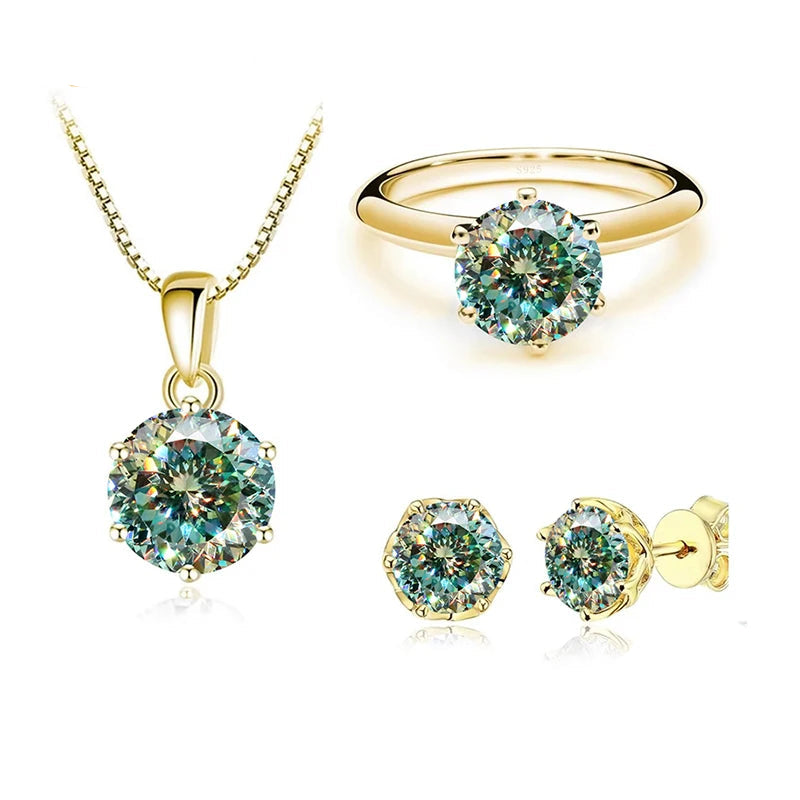 Gold-Tone Colored Moissanite Necklace, Stud Earrings & Ring Set — Blue green set