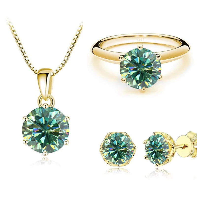 Gold-Tone Colored Moissanite Necklace, Stud Earrings & Ring Set — Blue green set