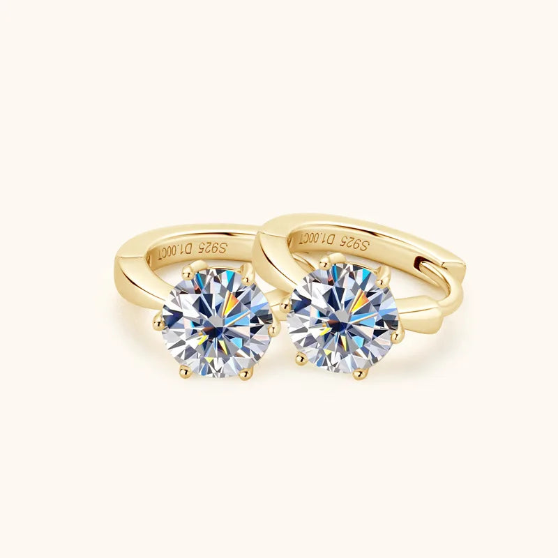 Six-Prong Moissanite Solitaire Hoop Earrings in Silver — Gold-tone hoop pair