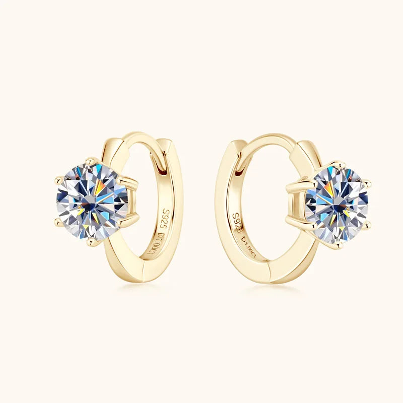 Six-Prong Moissanite Solitaire Hoop Earrings in Silver — Gold-tone six-prong hoops