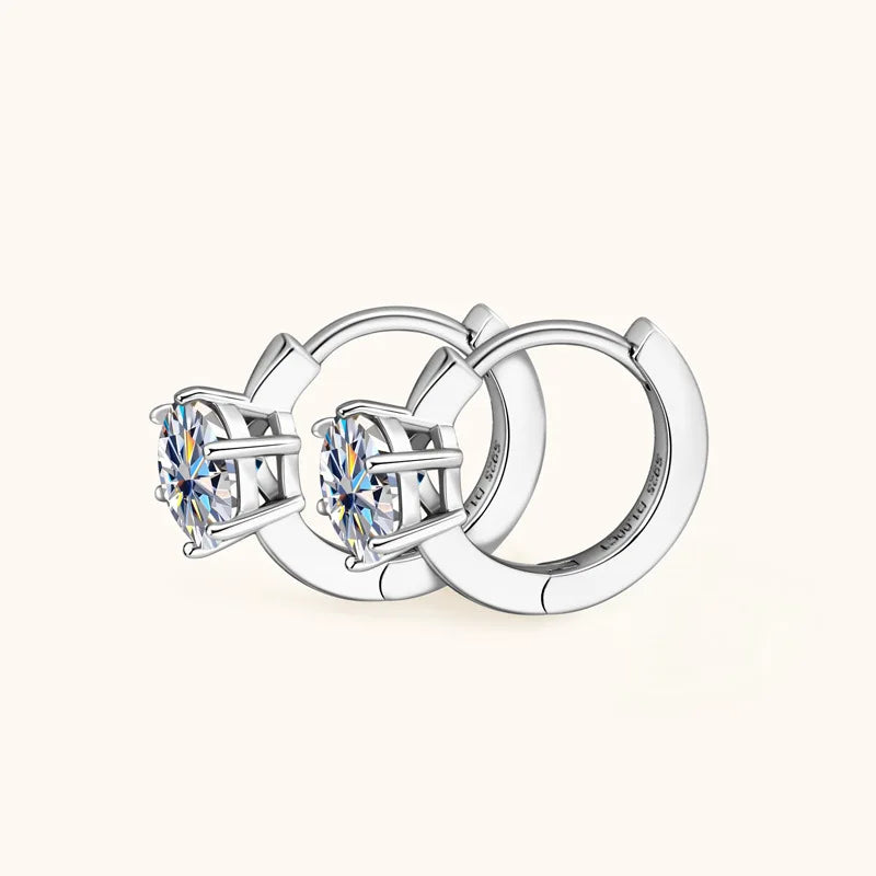 Six-Prong Moissanite Solitaire Hoop Earrings in Silver — Silver hoops and basket detail