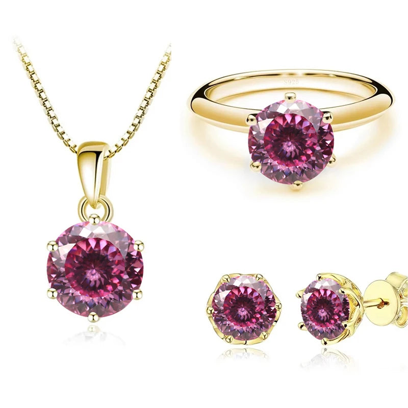 Gold-Tone Colored Moissanite Necklace, Stud Earrings & Ring Set — Pink cut example