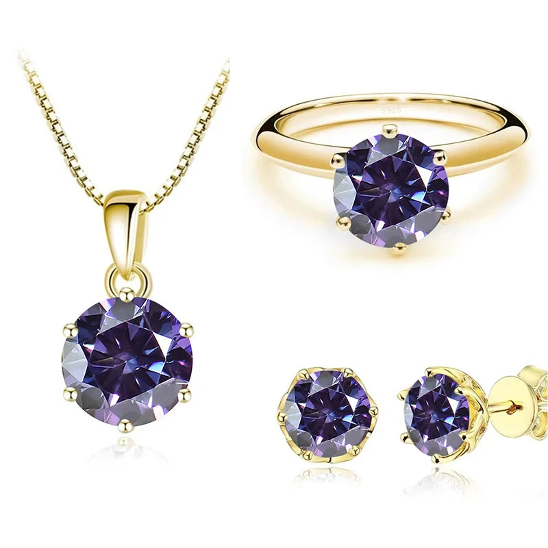 Gold-Tone Colored Moissanite Necklace, Stud Earrings & Ring Set — Violet set