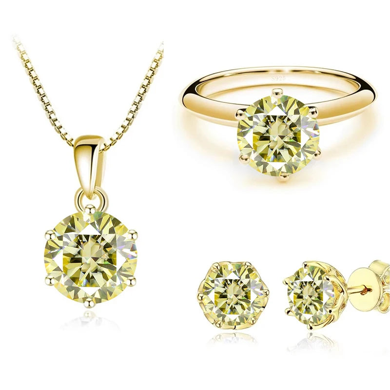 Gold-Tone Colored Moissanite Necklace, Stud Earrings & Ring Set — Lemon yellow set