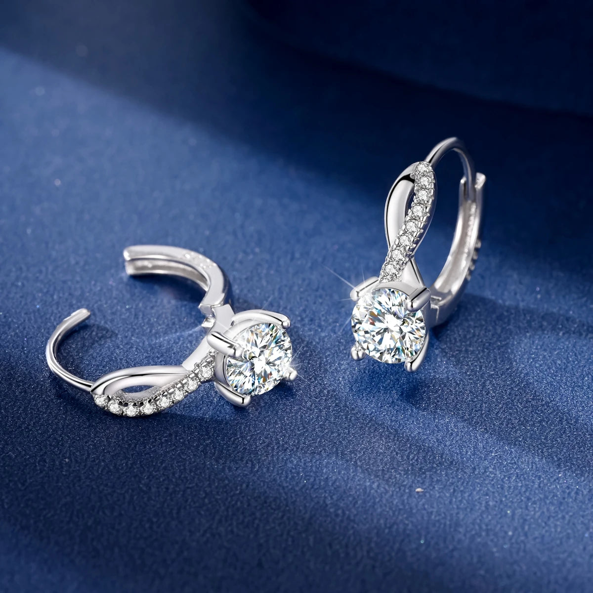 Crossover Moissanite Hoop Earrings in Sterling Silver — Crossover setting close-up