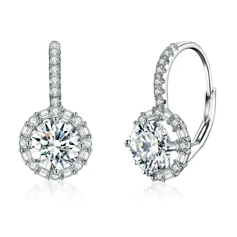 Round Halo Moissanite Leverback Earrings in Silver — Halo leverback pair
