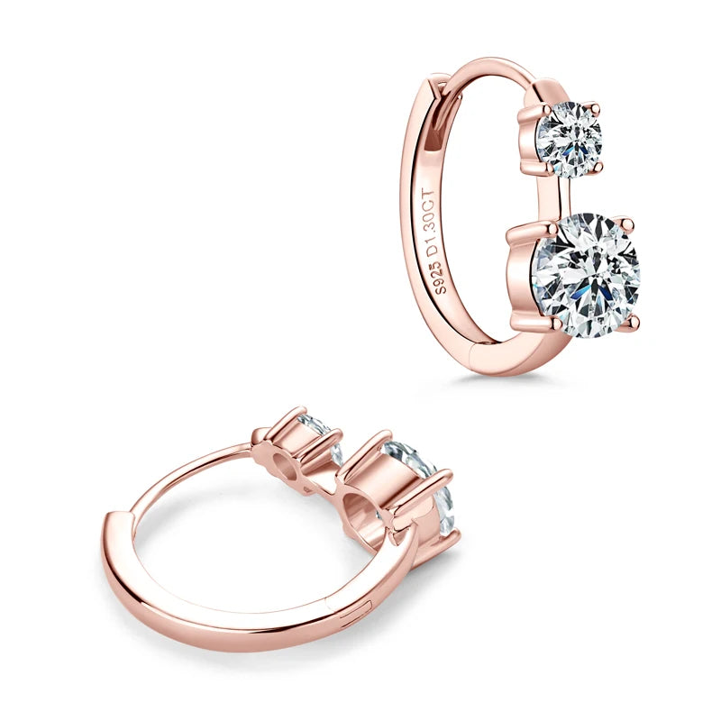 Graduated Two-Stone Moissanite Hoop Earrings in Sterling Silver — Rose Gold-Tone hinged posts