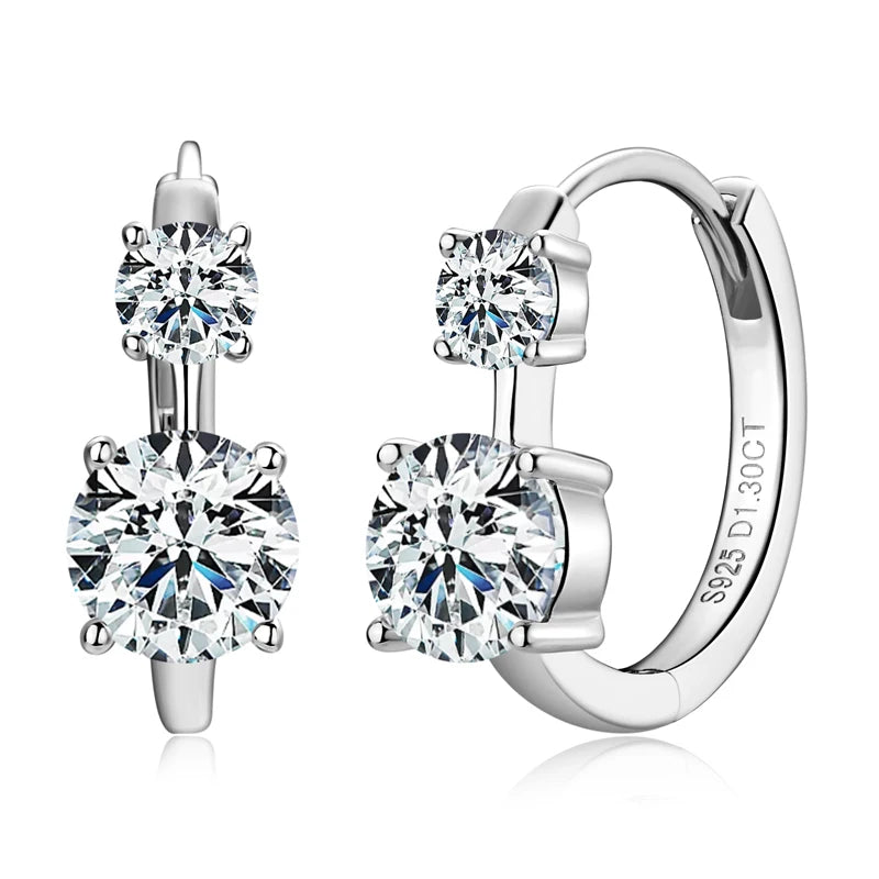 Graduated Two-Stone Moissanite Hoop Earrings in Sterling Silver — Silver graduated stones